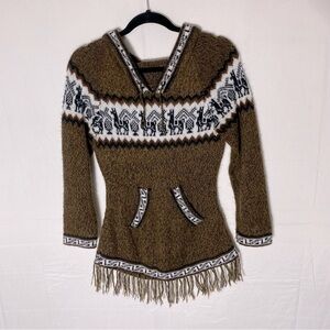 Bolli Imports Brown Alpaca Blend Knit Hoodie With Fringe XS